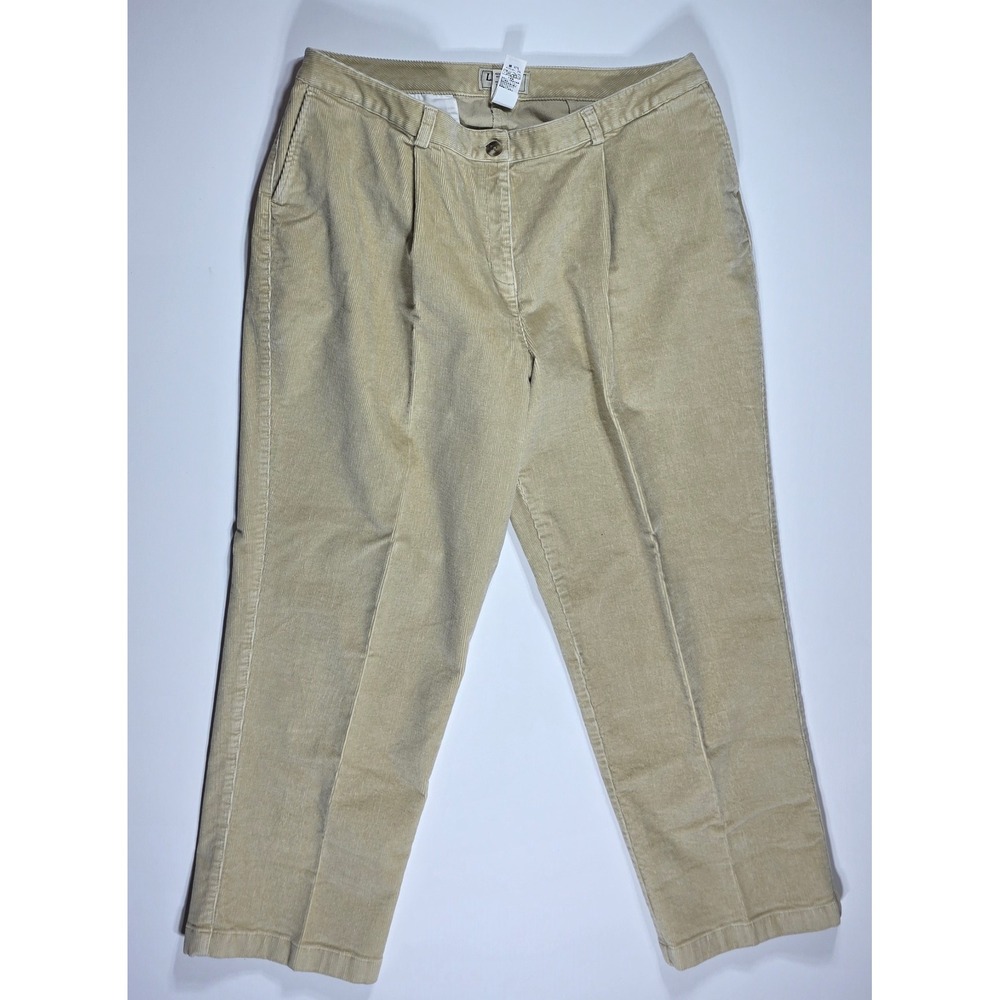 LL Bean Curvy Fit Corduroy Pants Women's 18 Pet Tan Beige Pleated Straight Leg